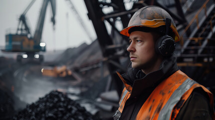 A serious man in an orange vest, helmet and headphones stands in front of a pile of coal. The scene is industrial, a man works in a coal mine