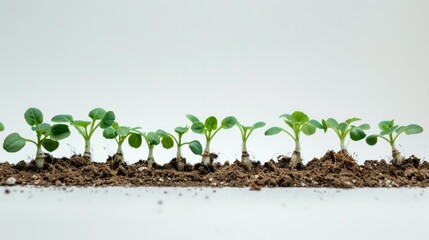 A row of young seedlings just starting to grow, representing new beginnings, on a white background