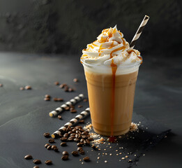 Wall Mural - Cold coffee drink frappe (frappuccino), with whipped cream and caramel syrup, with straws and grains of coffee on a dark gray stone table, copy space