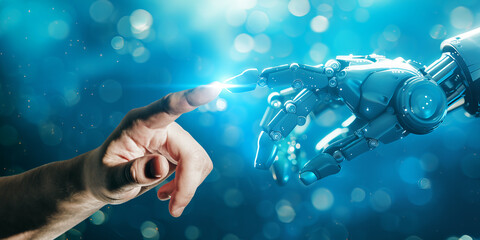 Aufkleber - A human hand touching a robot hand against a sparkling blue background, symbolizing human-robot interaction. Generative AI