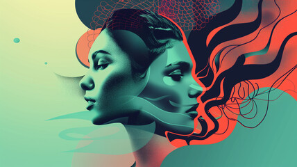 A surreal double exposure illustration featuring two female profiles blended with abstract elements and flowing lines in teal and orange hues. 