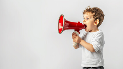 Poster - A young child excitedly shouting into a red megaphone against a light grey background, concept of communication. Generative AI