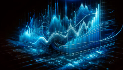 Poster - Abstract digital landscape with dynamic lines and particles, digital art style, on a dark blue background, concept of data analysis. Generative AI