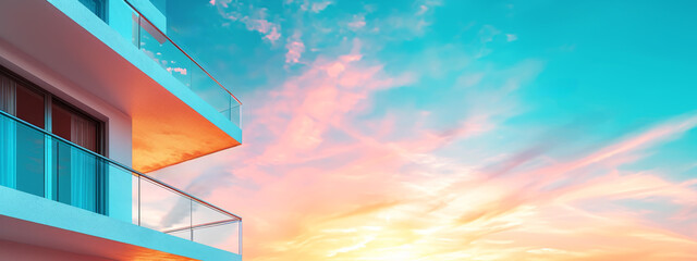 Aufkleber - Modern balcony against a vibrant sunset sky, showcasing creative architecture, ideal for concepts on luxury living. Generative AI