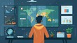 © taelefoto - An illustration in 2D flat style showcasing a meteorologist presenting a weather forecast on television. The scene includes visual elements such as weather icons, maps, and temperature charts to