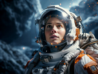 Aufkleber - Close-up of a female astronaut in a space suit, gazing upward with sparks around, against a mountainous backdrop, concept of space exploration. Generative AI