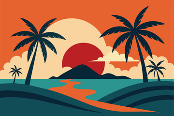 Wall Mural - Tropical island paradise. Vintage poster background with palms and sea waves vector