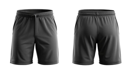 Realistic black athletic shorts mockup, front and back view isolated PNG on transparent background