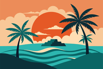 Wall Mural - Tropical island paradise. Vintage poster background with palms and sea waves vector