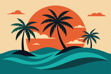 Wall Mural - Tropical island paradise. Vintage poster background with palms and sea waves vector