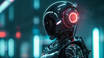 A futuristic robot with glowing red eyes, The man is wearing a blue lighted helmet and a jacket with orange details 3d rendering.