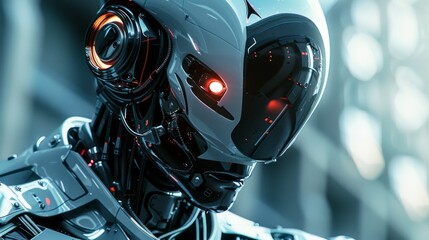 A futuristic robot with glowing red eyes, The man is wearing a blue lighted helmet and a jacket with orange details 3d rendering.