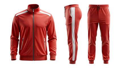 Wall Mural - Red tracksuit mockup with white stripes, front and back view isolated PNG on transparent background