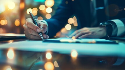 Close-up of male hand using pen to write on notebook or letter paper, diary on desk in office. Blurred urban city lights through office window.