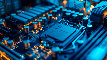 Wall Mural - An ultra-clear photo of a motherboard with glowing blue circuits.