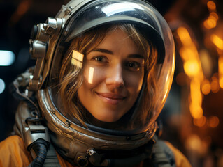 Aufkleber - A woman wearing a space helmet, smiling against a bokeh background, evoking a concept of exploration and adventure. Generative AI