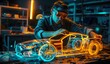 © TigerDude - Engineer wearing VR glasses is building holographic car models in the workshop, surrounded by blue and orange light beams