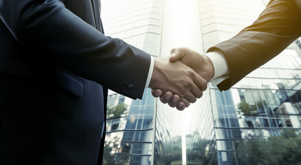 Poster - Two professionals shaking hands in front of an office building, symbolizing partnership and business agreements. Generative AI
