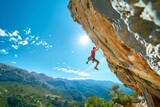 Fototapeta Uliczki - Rock climber scaling cliff against scenic mountain backdrop. Extreme outdoor adventure, sport, travel concept