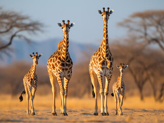 Wall Mural - A Small Herd Of Giraffes Gracefully Walking Across The Vast African Savannah Under A Clear, Bright Sky