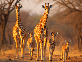 Wall Mural - A Small Herd Of Giraffes Gracefully Walking Across The Vast African Savannah Under A Clear, Bright Sky