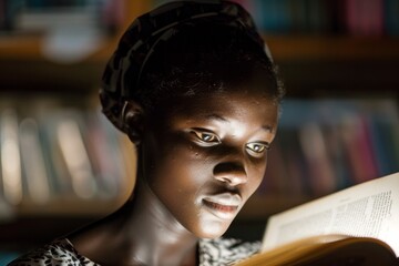 Poster - A woman wearing a stylish hat reads intently from a book in a warmly lit library, conveying a sense of leisure and learning