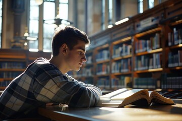 Poster - A young student reads a book in a library with sunlight streaming through windows