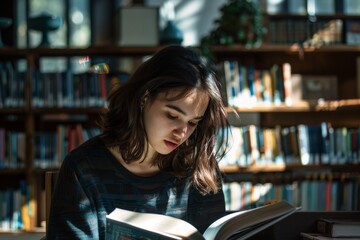 Poster - A young woman deeply focused on reading a book in a cozy library with sunlight filtering in