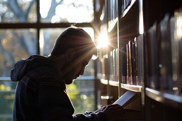 Poster - A person is silhouetted by sunlight while reading a book in a library setting