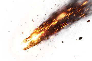 a dramatic meteor shower with massive bursts of light and energy on a stark white background