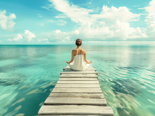 Poster - A woman meditating at the end of a wooden pier overlooking a calm turquoise sea, with a serene sky background, conveying a concept of peace and mindfulness. Generative AI