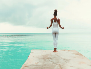 Poster - Woman in white attire standing at the edge of a pier, calm sea and sky in the background, concept of tranquility. Generative AI