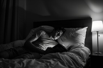 Poster - A person is reading a book in bed by lamp light, creating a tranquil bedtime atmosphere