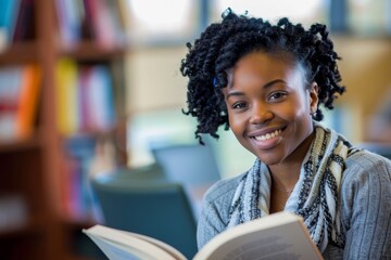 Poster - Charming young woman with braided hair absorbed in reading a book with a focused expression