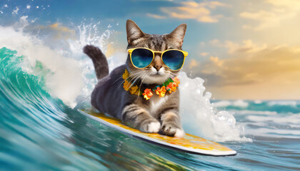 Cat surfing on a wave , on ocean sea on summer vacation holidays, with cool sunglass