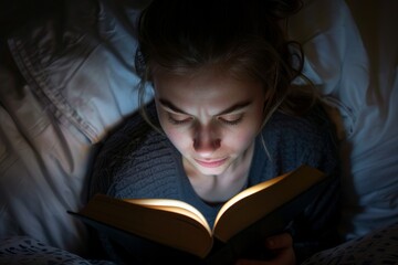 Aufkleber - Woman deeply focused on reading a book with light casting a glow on her face