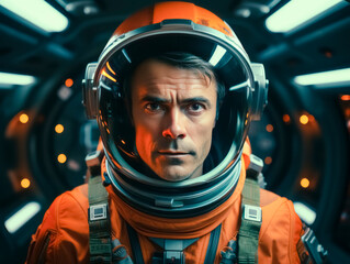 Aufkleber - Close-up of an astronaut with a serious expression, wearing a helmet and suit, in a spacecraft interior, concept of space exploration. Generative AI