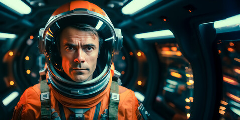 Aufkleber - An astronaut in an orange suit with a helmet, against a spacecraft interior background, capturing the concept of space exploration. Generative AI