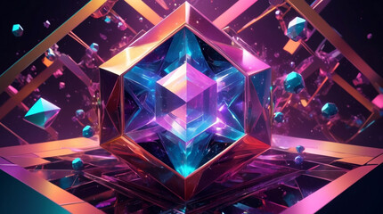 Wall Mural - Abstract 3D background with a central holographic tesseract