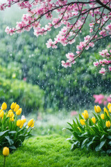 Wall Mural - spring rain in blooming garden, concept freshness nature weather seasonal background