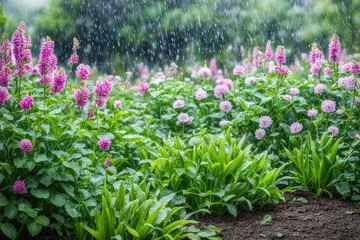 Wall Mural - spring rain in blooming garden, concept freshness nature weather seasonal background