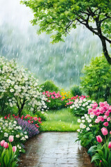 Wall Mural - spring rain in blooming garden, concept freshness nature weather seasonal background