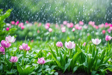Wall Mural - spring rain in blooming garden, concept freshness nature weather seasonal background