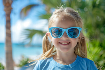 Wall Mural - Portrait of a cheerful young girl wearing light blue sunglasses on a sunny beach, with a bright smile and blond hair softly blowing in the sea breeze