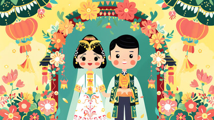 Wall Mural - A cartoon image of a bride and groom, dressed in traditional Indian wedding clothes, standing under a floral arch.

