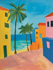 Wall Mural - painting of a beach scene with palm trees and colorful buildings