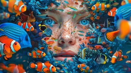 Wall Mural - Dive into a vibrant underwater paradise with an elegant woman and colorful tropical fish in high resolution art.