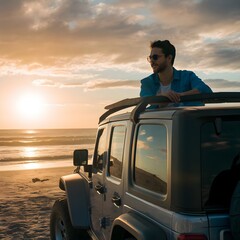 man on top of a jeep in the beach 