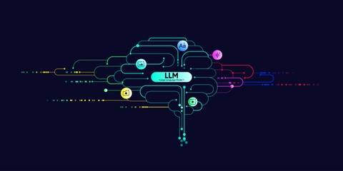 information with LLM, dot and line. Big data, technology, AI, data transfer, data flow, large language model, generative ai