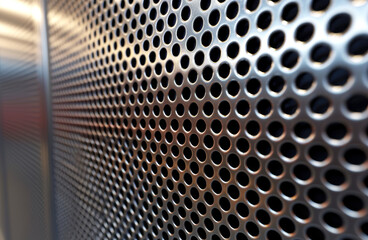 Poster - Close-up of a perforated metal surface with focused and blurred areas on a soft background, concept of industrial design. Generative AI